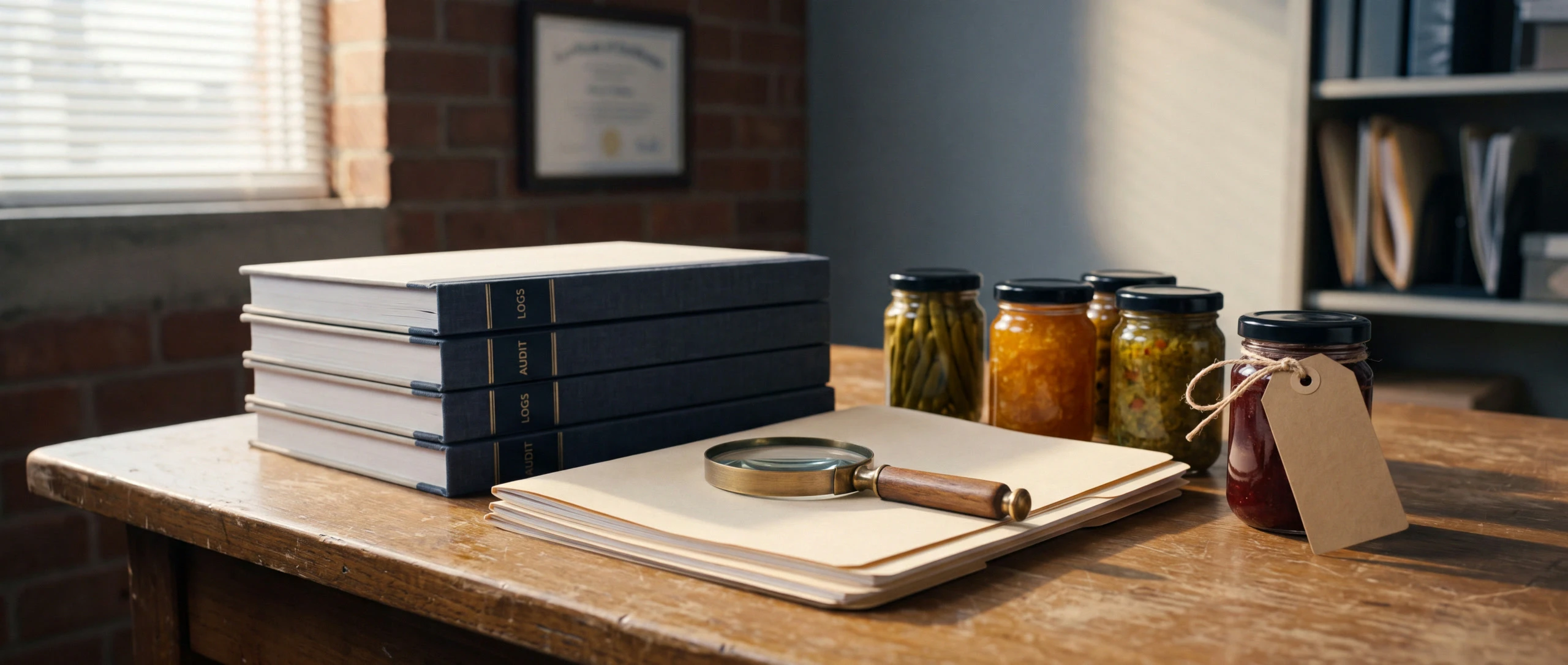 Bound record books, sample jars and a magnifier laid out on an audit preparation table in morning light