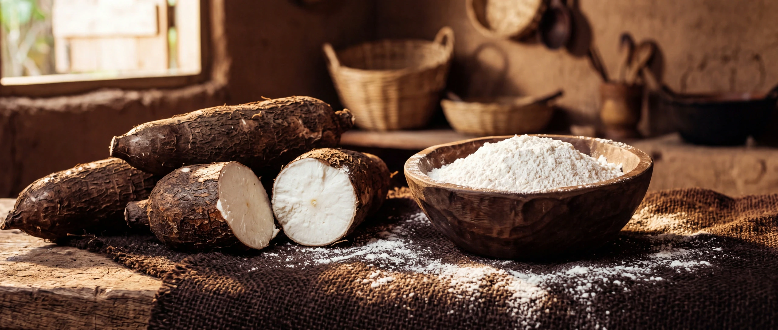 Cassava roots and fine flour on burlap in warm directional light