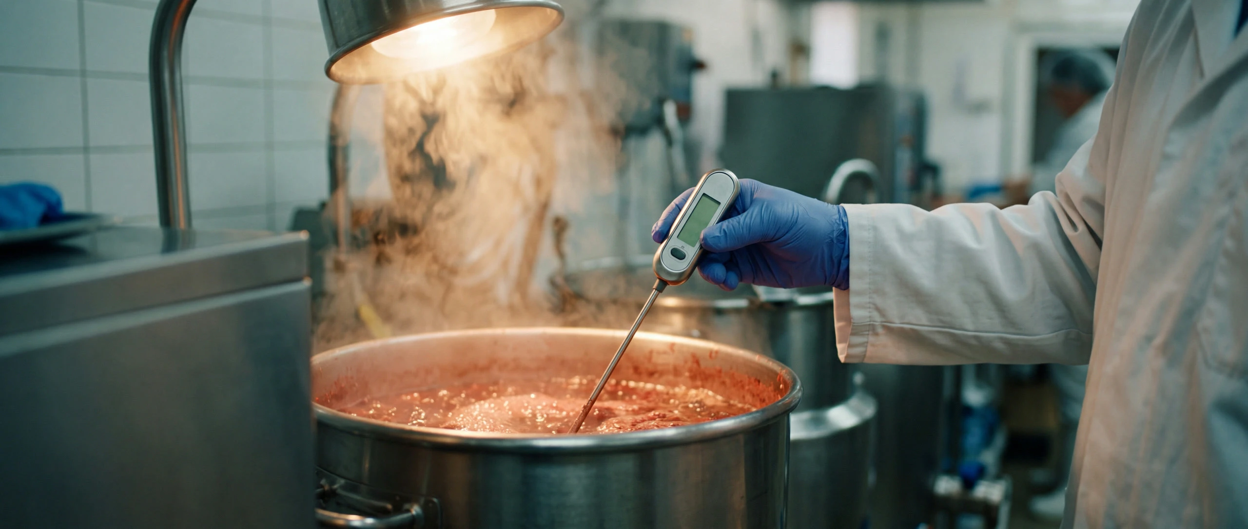 A gloved hand holding a probe thermometer in a steaming kettle at a critical control point