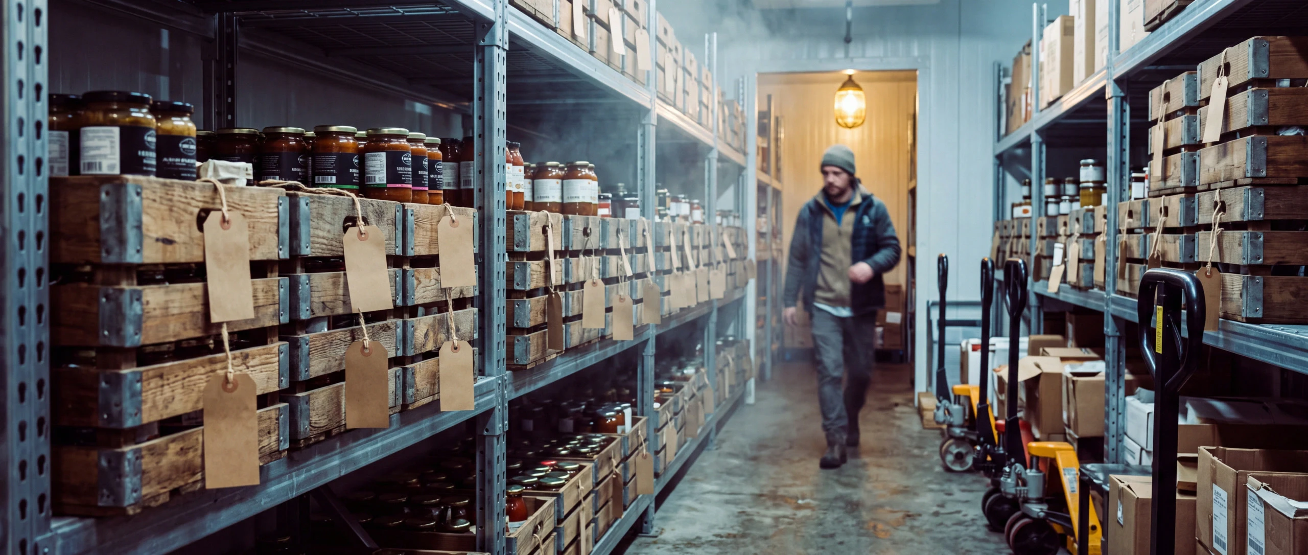 Warehouse racking with crates of jarred goods, each fronted by a blank kraft tag