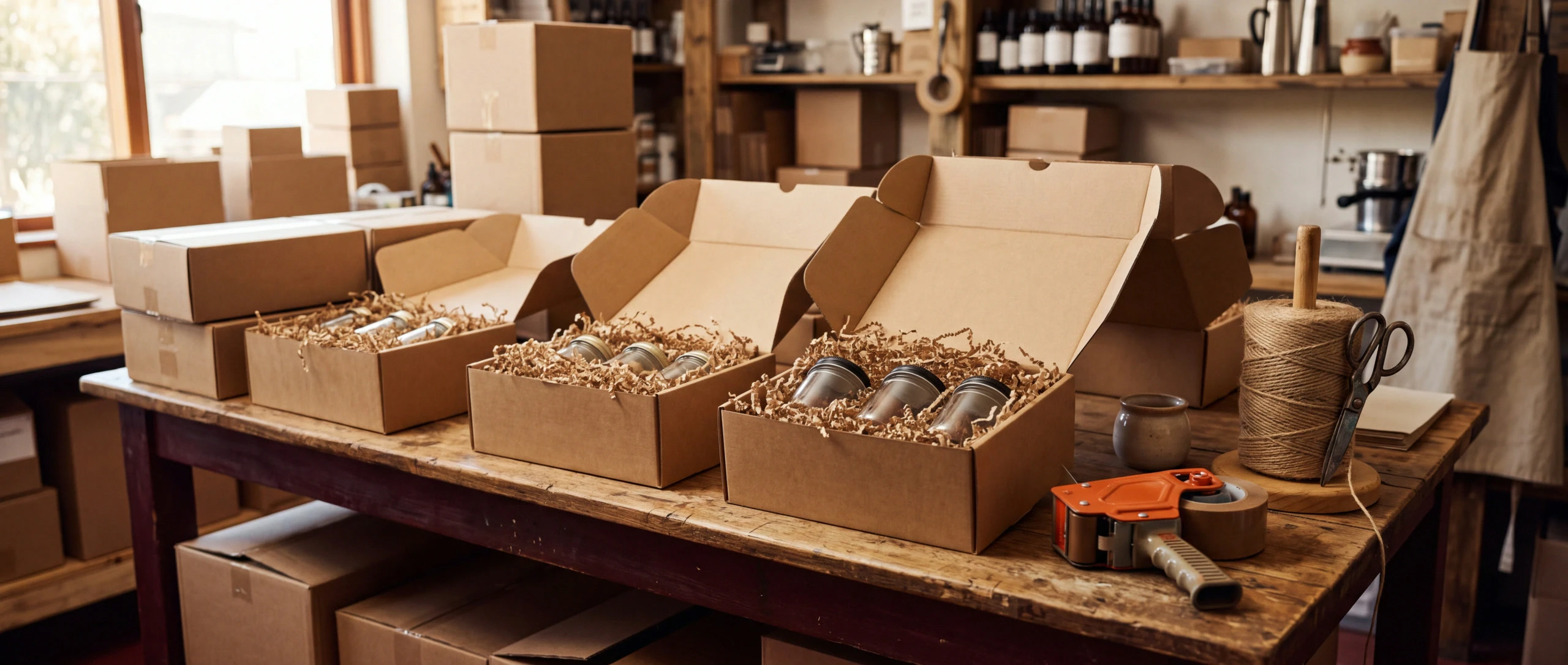 A direct-to-consumer packing bench with kraft boxes, paper fill and jars mid-pack