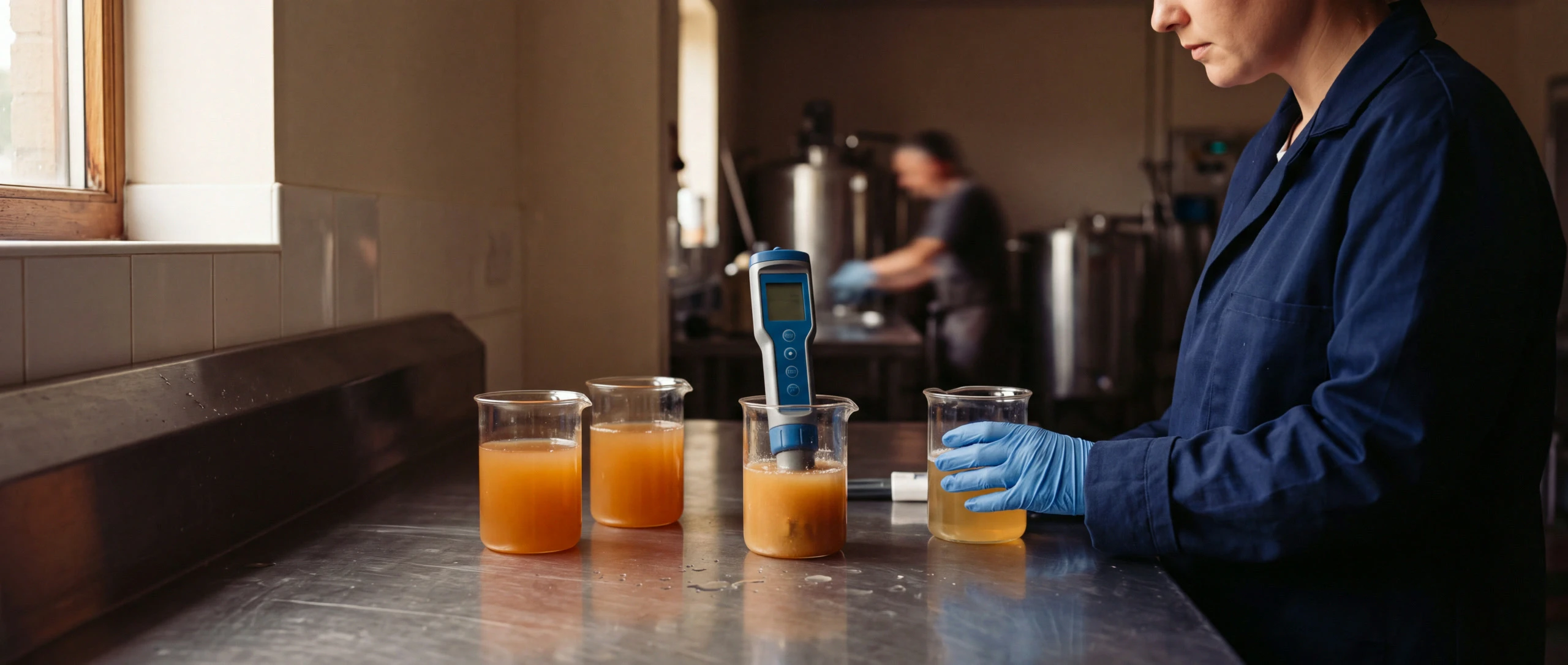 A quality-control bench with a pH meter standing in a beaker of sample and gloved hands at work